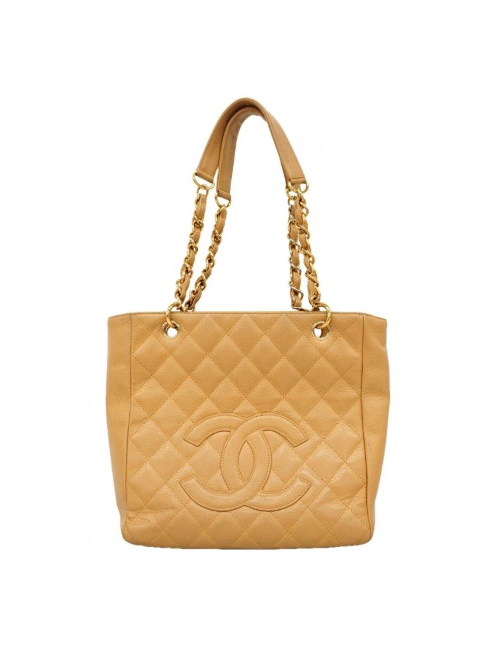 Chanel Chain Tote Quilted Caviar Leather Beige Gold